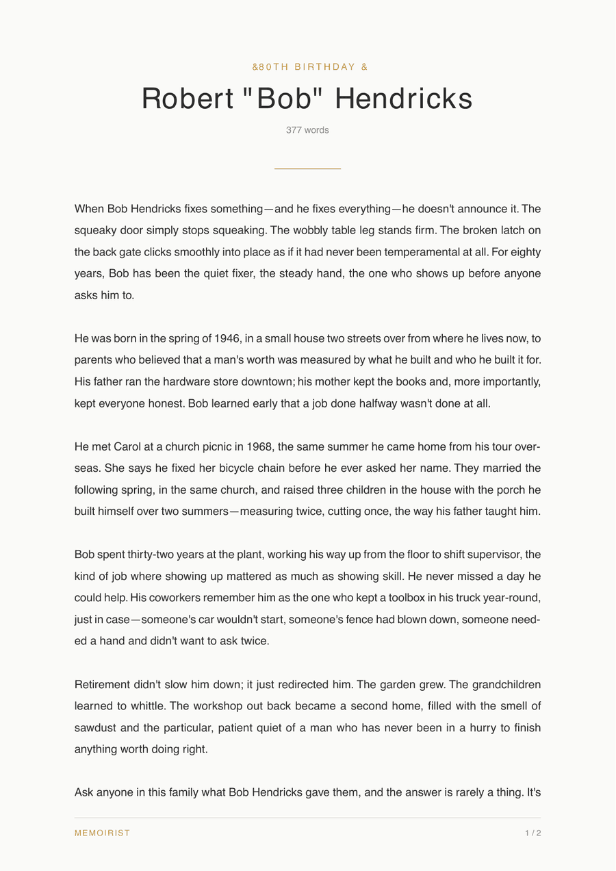 An actual page from a Memoirist PDF export
